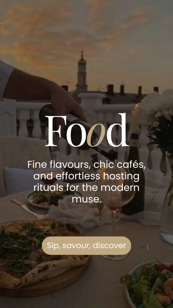 Outdoor dining scene at sunset with wine being poured and rustic pizza, representing fine flavours and chic café culture. | Food & Drink Category | Elle Blonde Luxury Lifestyle Blog
