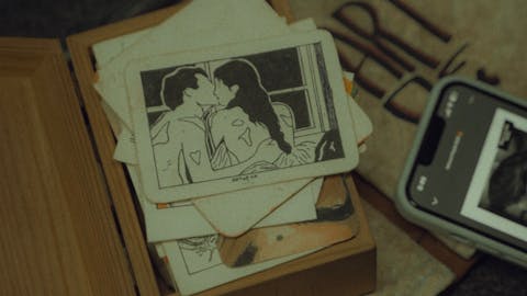 A collection of vintage photos and art on a textured surface with a nostalgic feel.