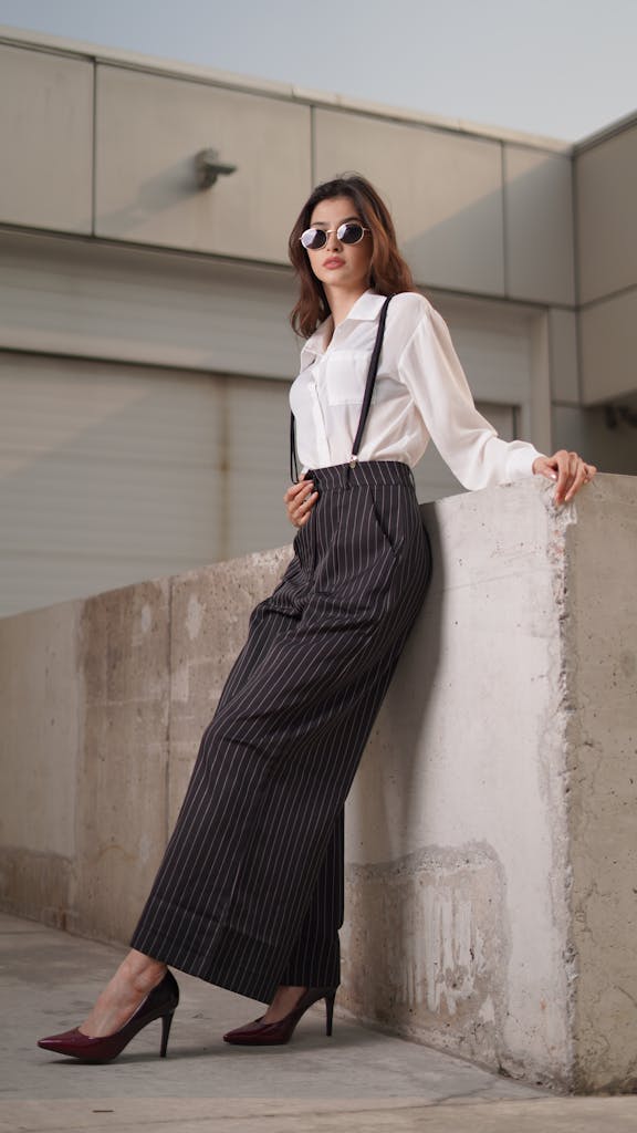 9 First Class Packing Secrets That Work in Economy 3 A fashionable woman poses outdoors in a chic white blouse and pinstriped pants, exuding confidence and style.
