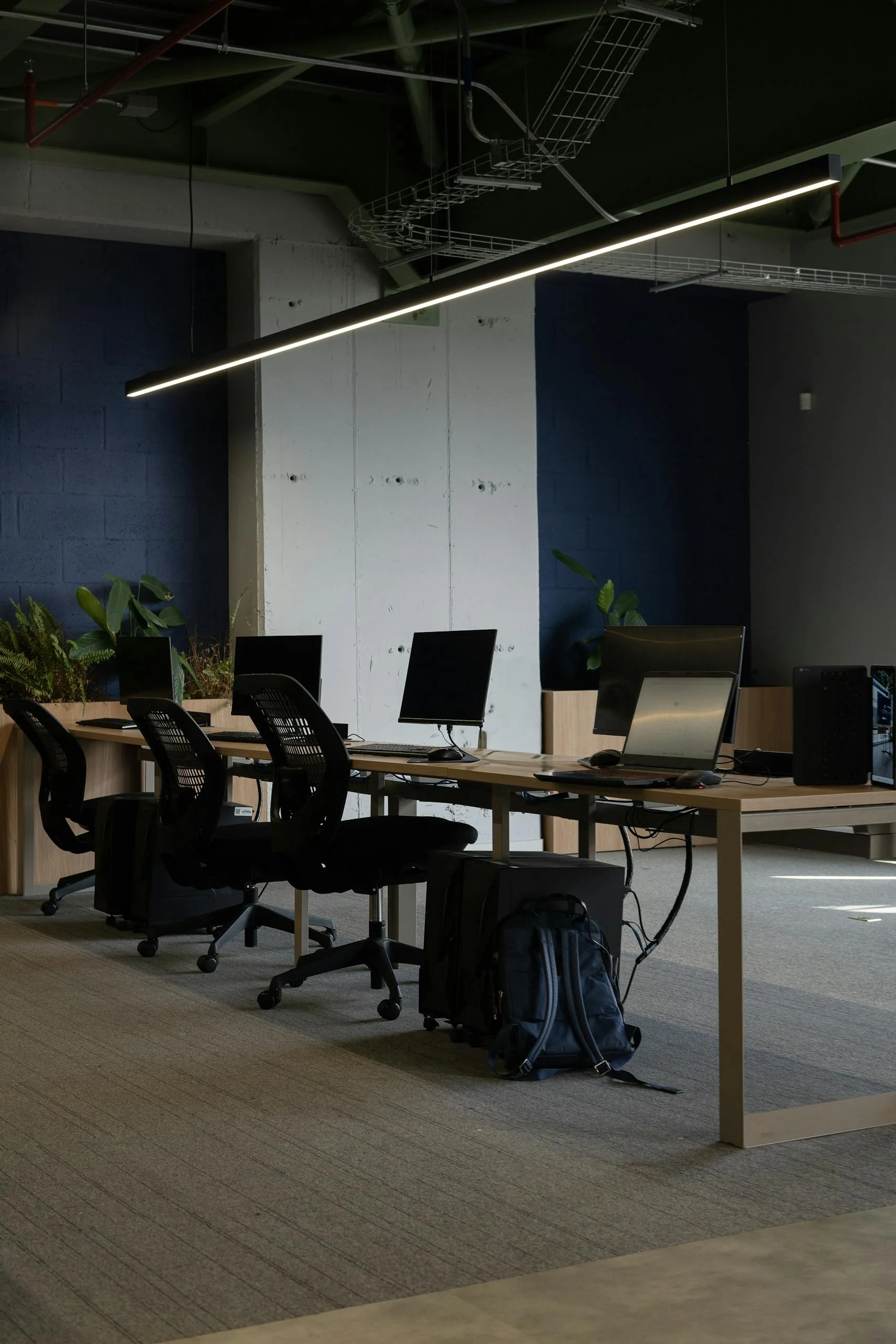 Contemporary coworking office space with desks, chairs, and computers in natural light.