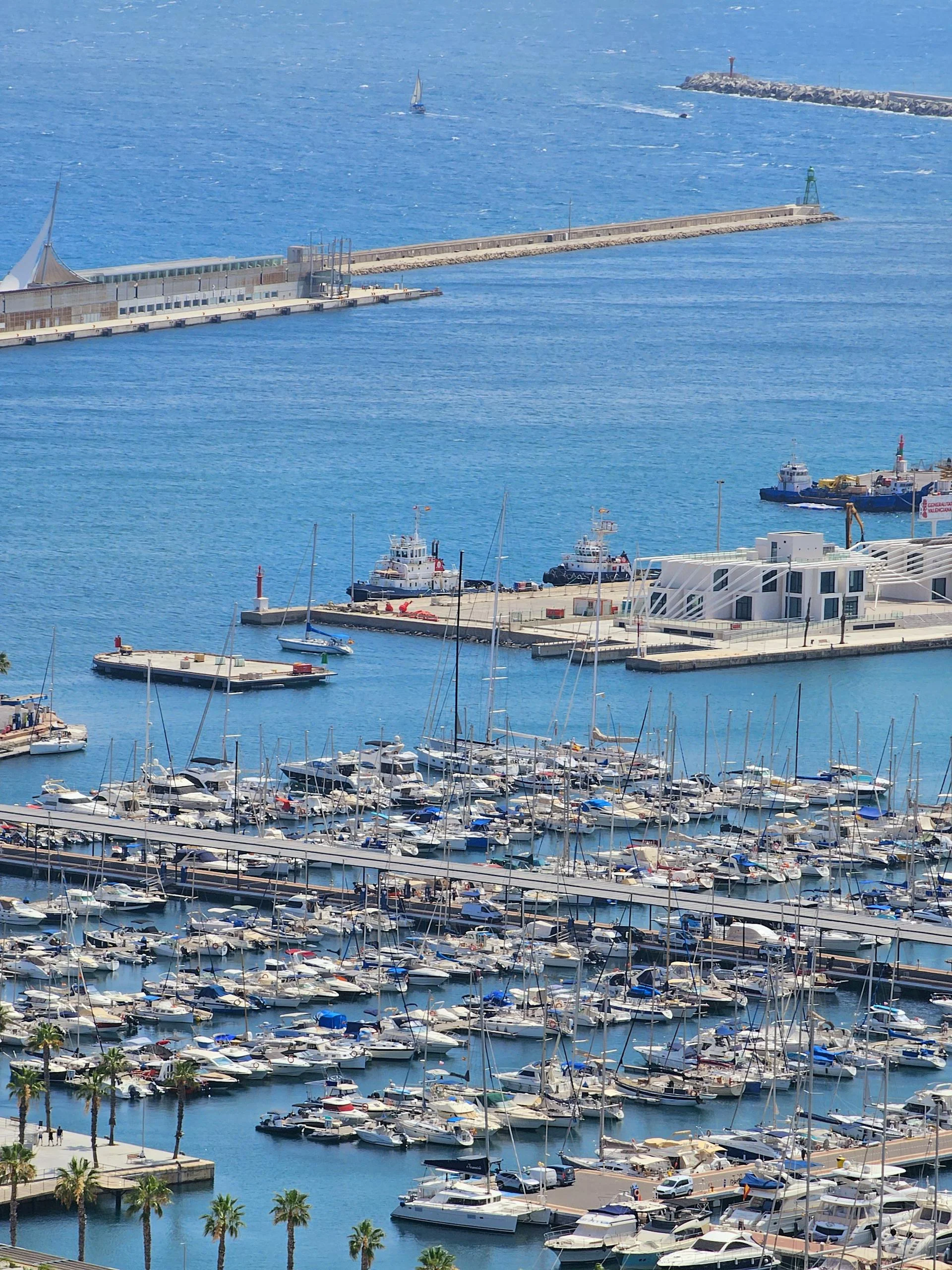 Scenic view of Alicante's marina filled with yachts against a blue sea backdrop, perfect for travel inspiration.