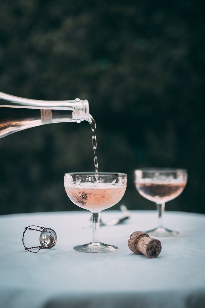 Why Smart Diners Inspect the Cork Before Approving Expensive Sparkling Wine 3 Champagne being poured into glasses on a table with cork and wire, creating an elegant setting.
