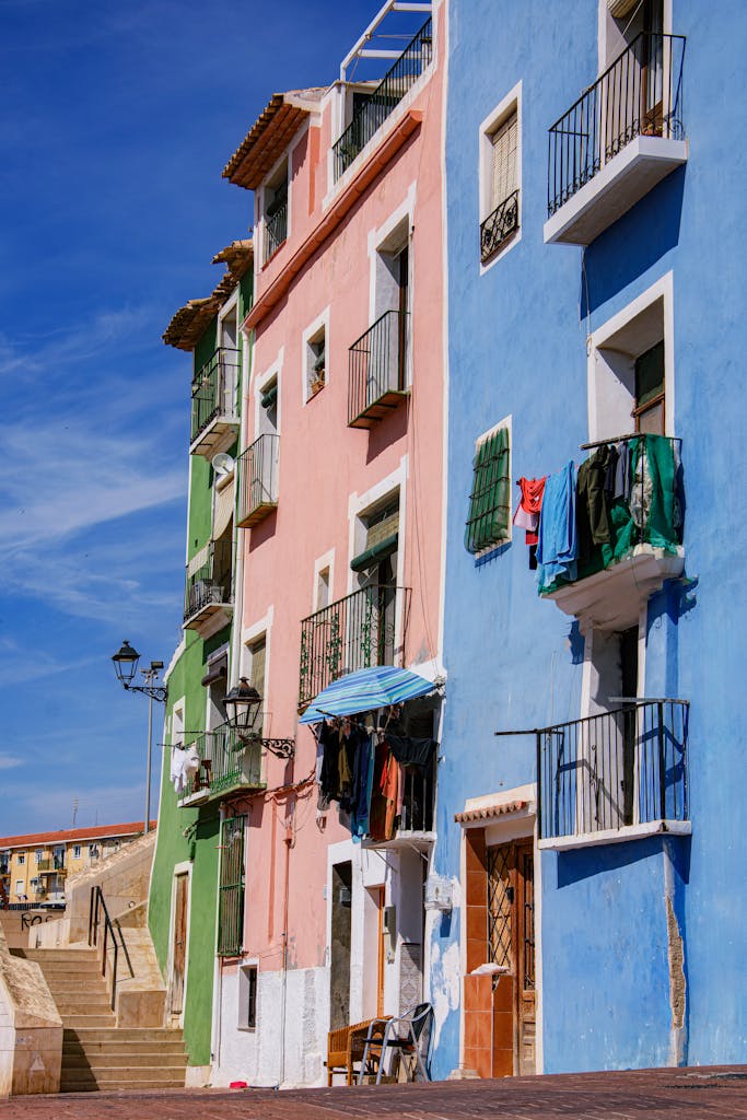 Vibrant buildings with balconies in Villajoyosa, Spain capture the Mediterranean charm.